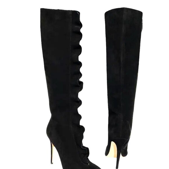 NEW VALENTINO GARAVANI BLACK SUEDE RUFFLE EMBELLISH KNEE BOOTS ITALIAN 36.5 - Picture 5 of 8